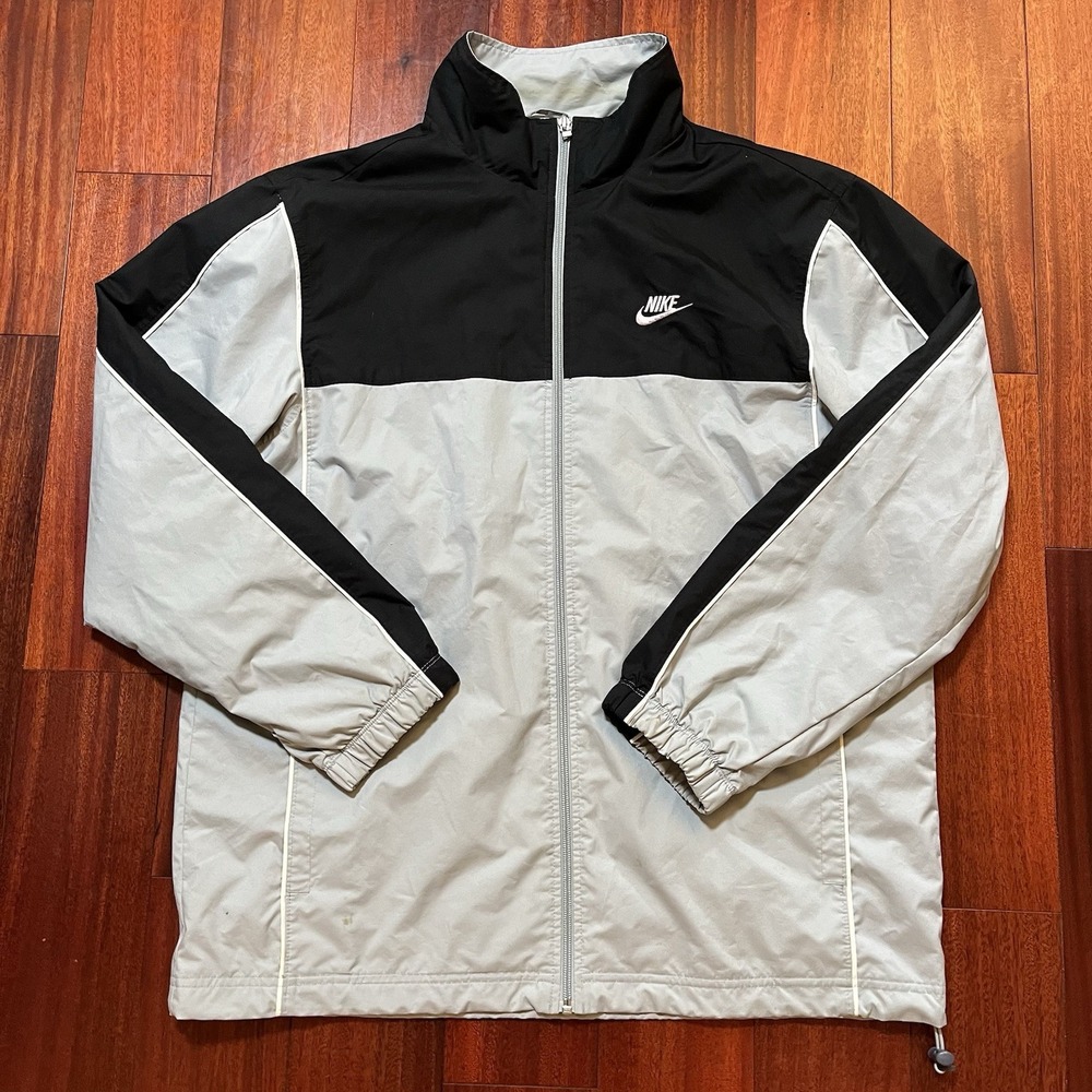 Vintage Nike Mens Large Windbreaker Jacket Black Gray Colorblock Swoosh Y2K READ